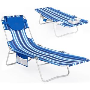 #WEJOY Folding Tanning Chair with Face Hole, 5 Positions Face Down Beach Lounge Chairs with Pillow for Outside Sunbathing Poolside (Blue/White)