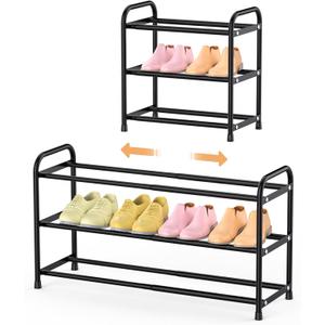 Expandable 3 Tier Shoe Rack for Closet Floor, 16"-30" Adjustable Small Shoe Organizer for Entryway, Front Door & Dorm, Space Saving Metal Shoe Shelf for Small Spaces, Black
