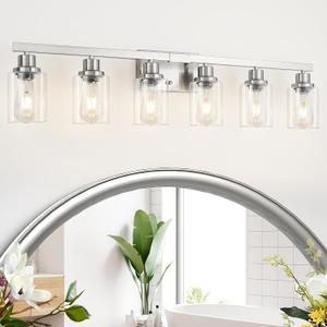 Bathroom Vanity Light, 6-Light Nickel Modern Matte Wall Sconce Lighting with Clear Glass Shade, Wall Lights,Bath Vintage Wall Mounted Lamps for Mirror Bedroom Living Room