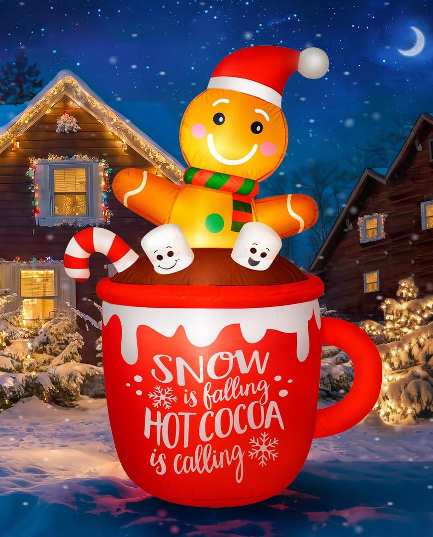 6FT Christmas Inflatables Decoration Outdoor, Cute Gingerbread Man in Hot Cocoa Mug Christmas Blow Up Yard Decoration Blowups Build-in LED Light for Holiday Party Xmas New Year