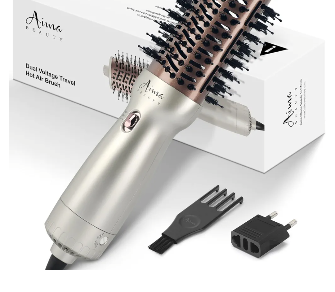 Aima Beauty 4 in 1 Worldwide Travel Hot Air Brush Dual Voltage Blowout Brush Oval Shape 110V-120V/220V-240V Straightener Blow Dryer Brush Ionic Lock Moisture Gift 360° Swivel Cord Champagne Silver
