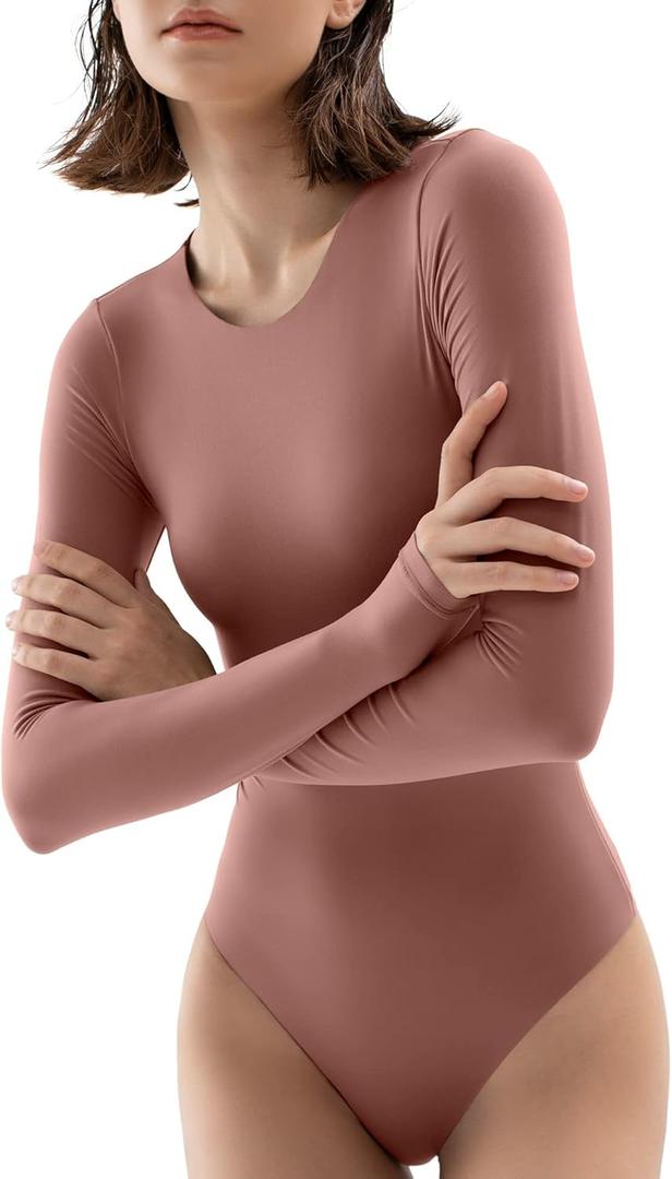 PUMIEY Women's Crew Neck Long Sleeve Bodysuit Second-skin Feel Tops Smoke Cloud Collection, XL