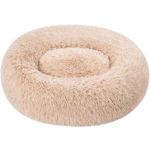 Amazon Basics Washable Donut Pet Bolster Faux Fur Bed with Removable Cover, Anti-Slip Bottom for Dog, Beige, 23" x 23"