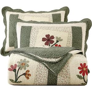 Vctops Farmhouse Green 3 Piece Embroidered Floral Quilted Bedspread Quilt Set 100% Cotton Reversible Patchwork Coverlet Set 1 Quilt and 2 Pillow Shams (Green,Queen)