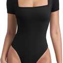 REORIA Womens Square Neck Bodysuits 2025 Short Sleeve Double Lined Basic Going Out Body Suits Tops (Small, Black)