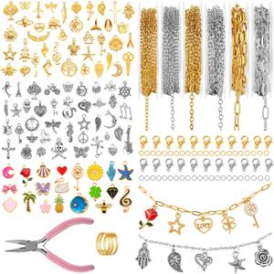 Zefy 18K Gold Silver Chain for Jewelry Making, 19.7ft 6 Rolls Stainless Steel Chains Bulk with 348 Pcs Charms, Jump Rings Lobster Clasps Set for DIY Bracelet Necklace Crafts (Medium)