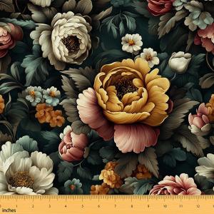 Erosebridal Peony Decor Floral Soft Not Stretchy Decor for Kids Girls Women Leaves Botanical Flowers Ombre Red Yellow Flannel Fabric by The Yard for Chairs DIY Art Upholstery Fabric 1 Yard