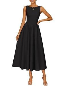 ZESICA Women's Spring Sleeveless Cocktail Dresses 2026 Summer Crewneck Flowy Wedding Guest Party A Line Midi Dress Black, Size Large
