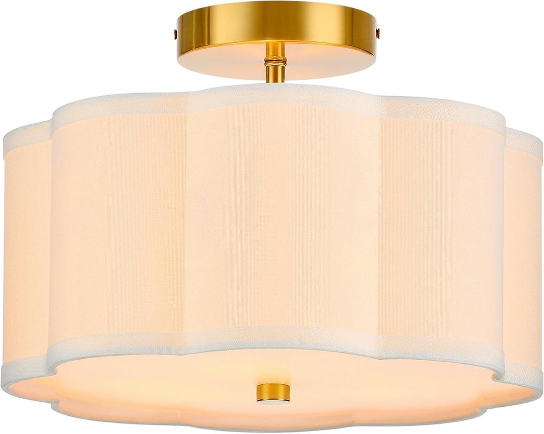VONLUCE Semi Flush Mount Ceiling Light, 13'' Ceiling Light Fixture with Flower-Shaped Fabric Shade, 3-Light Modern Light Fixture for Bedroom Living Room Nursery Hallway, White Shade & Gold Finish (12.6")
