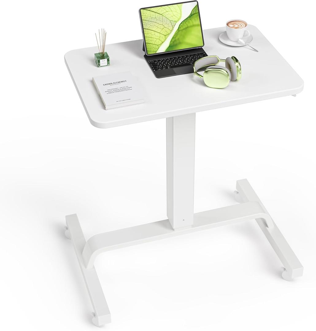KINGSMITH Height Adjustable Mobile Standing Desk with 360 Swivel Casters, 29"-45" Pneumatic Rolling Desk on Wheels, Perfect for Home Office, Bedroom, Living Room, White
