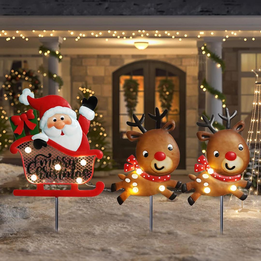 3 Pieces Christmas Decorations Outdoor Yard Sign with LED Lights Sled Lawn Sign Santa Reindeer Yard Sign with 3 Yard Stakes for Outdoor Christmas Decoration