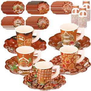 Boao 100 Pcs Christmas Gingerbread Man Party Supplies Christmas Tea Party 50 Disposable Tea Cups 7 Oz, 50 7'' Paper Scallop Shaped Saucer Plates with Handle for Beverage Tea Cocoa Decoration (Brown)