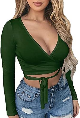 Artfish Women Sexy Deep V Neck Crop Top Bandage Wrap Tie Tight Cropped Fitted Cleavage Shirts XL
