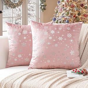 Ohok Set of 2 Christmas Velvet Pillow Covers Hot Foil Stamping Pattern Throw Pillow Covers for Farmhouse Home Decor Sofa Couch Bed Bedroom Living Room (Silver Snow Pink, 24x24-Inch)