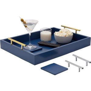 Juvale Coffee Table Tray - 15.7 x 11.8 x 3 in, Blue, Rustic Wood - Serving Tray with Interchangeable Gold & Silver Handles for Coffee Table Decor & Ottoman Use with 2 Coasters