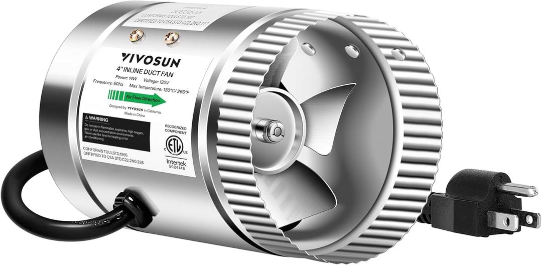 VIVOSUN 4 Inch Inline Duct Fan 100 CFM, HVAC Exhaust Ventilation Fan with Low Noise for Basements, Bathrooms, Kitchens and Attics, Silver