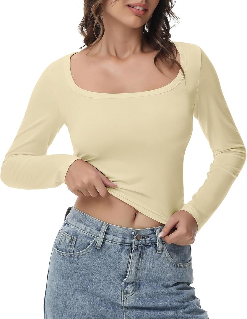 Women's Long Sleeve Crop top, Ribbed & Slim Fitted Cotton Shirts, Square Crewneck Tee Basics for Daily & Casual Wear (Large, Xbeige)