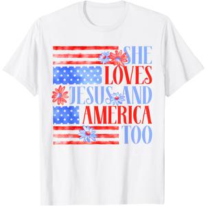 She Loves Jesus and America Too USA Flag Floral 4th Of July T-Shirt (Small)