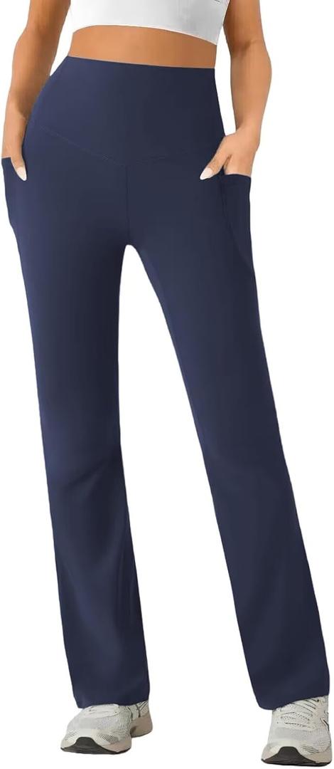 Womens High Waist Yoga Pants Stretchy Casual Trousers Straight Leg Pull On Side Pockets, Size: M