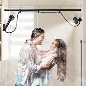 Dual Shower Head for Couples, Double Shower System for Two People, 6+3 Adjustable Spray Modes-High Pressure Tandem Showerhead with 31.5~80.7" Extendable Rod / 78.7" Long Hose, Easy Install (Black)