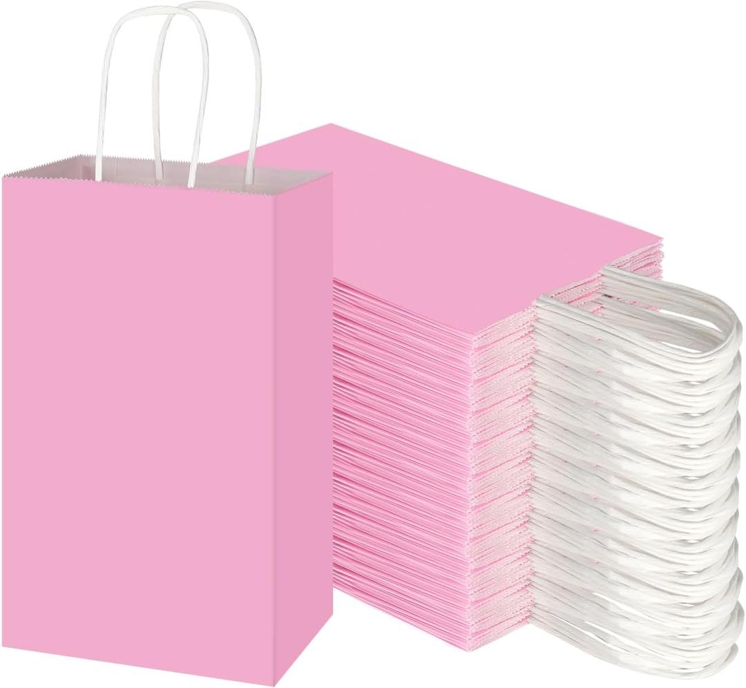 Toovip 100 Pack 5.25x3.25x8.25 Inch Small Light Pink Kraft Paper Bags with Handles Bulk, Gift Wrap Bags for Favor Grocery Retail Party Birthday Shopping Business Goody Craft Merchandise Take Out Sacks