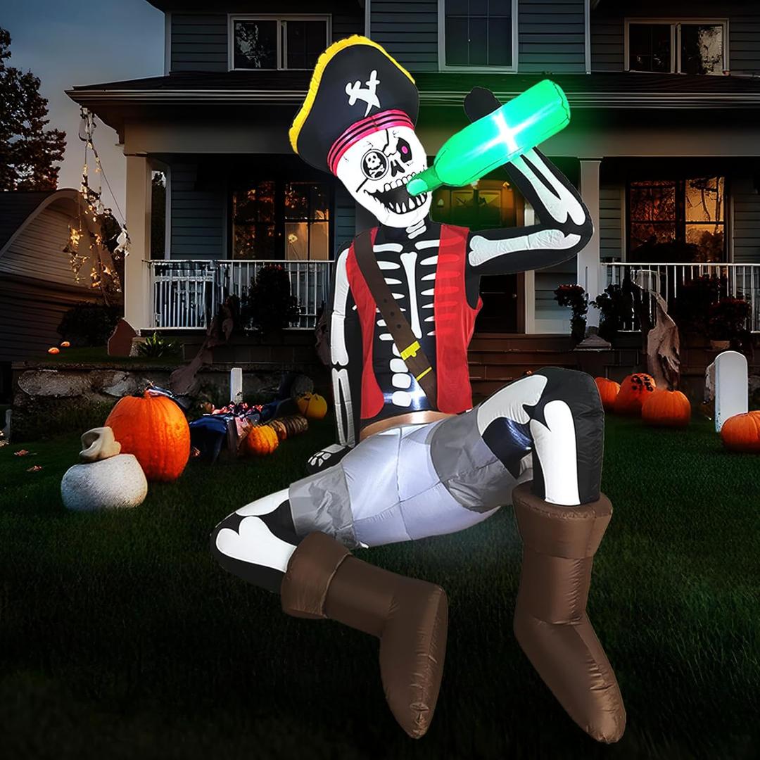 6.5 FT Halloween Inflatables Skeleton Decorations, Scary Inflatable Pirate Skeleton Sitting and Drinking with LED Lights, Blow Up Halloween Yard Decorations for Garden Lawn Patio Party Supplies