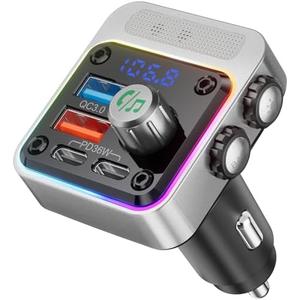 Nulaxy 54W Bluetooth 5.3 Car Adapter with 4 Charging Ports [PD 36W & QC3.0 18W], Wireless Radio FM Transmitter with Deep Bass Player & 5 Colors LED Backlit, Hands-Free Calling - Silver