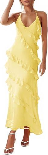 Wenrine Womens Sexy Chiffon Halter Maxi Dress Sleeveless Backless Ruffle Tassel Party Club Dresses S