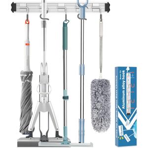 Mop and Broom Holder Wall Mount Garden Tool Rack Organizer, Modern Style,Movable Aluminum Alloy Wall Mounted Hook 1 Pack,Storage Gift for Bathroom,Closet,Laundry Room,Garage,Tool Room(Black)