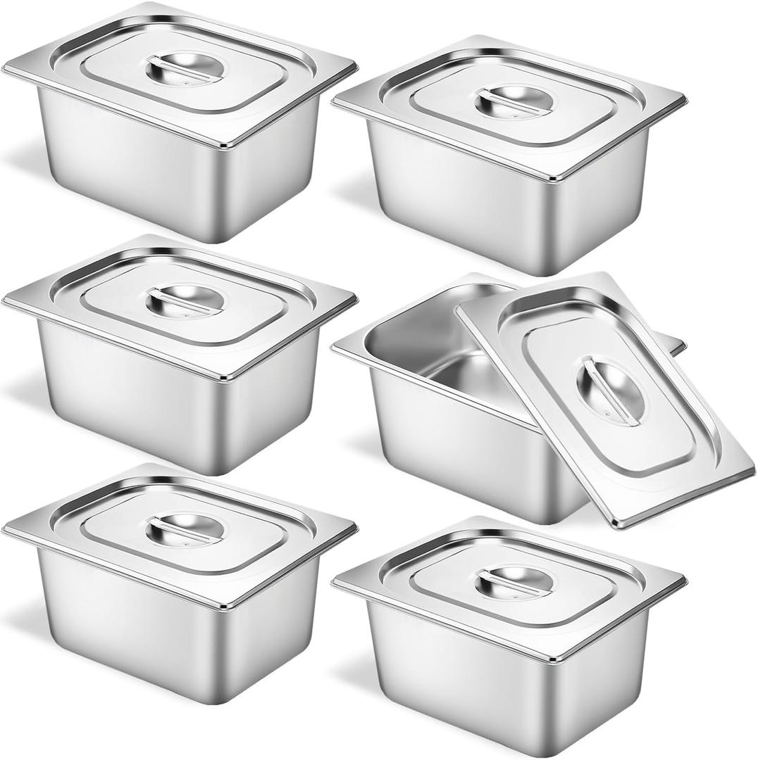 6 Set Stainless Steel Hotel Pans 1/2 Size 6 Inch Deep With Lids, Anti-Jam Chafing Steam Table Pans, Catering Food Storage Metal Pan