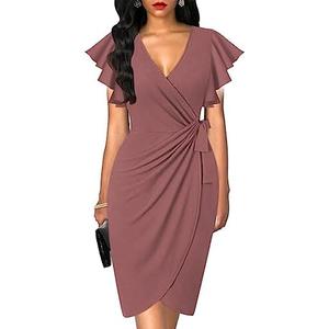 oten Womens Deep V Neck Ruffle Sleeve Sheath Casual Cocktail Party Work Faux Wrap Dress Medium