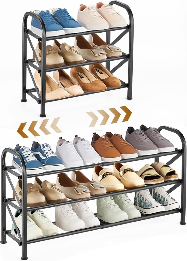 3-Tier Expandable Shoe Rack for ClosetAdjustable Shoe RackBlack Metal Free Standing Shoe Rack for Entryway Closet Doorway (3 Layers and 2 Tubes)