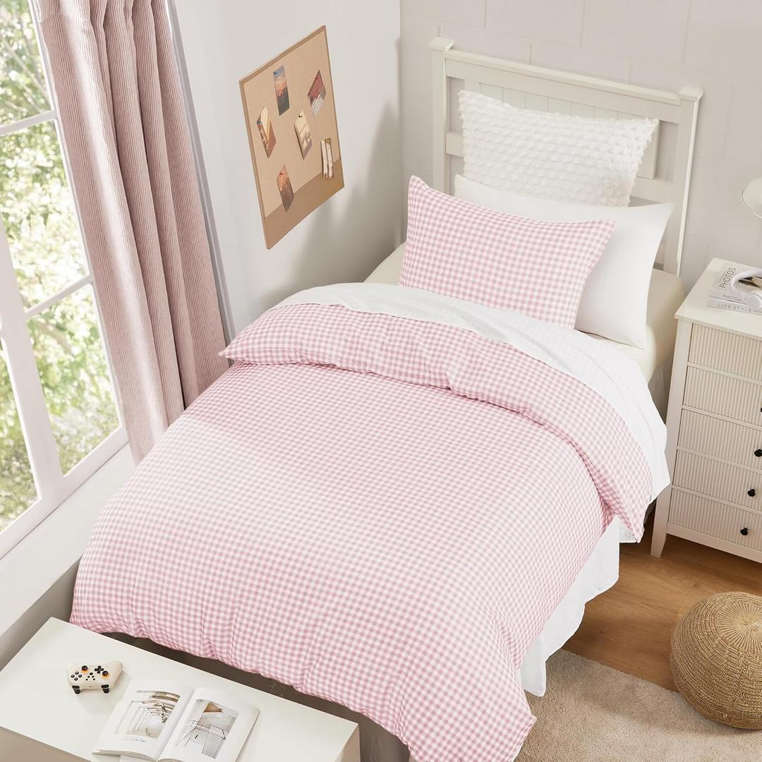 Andency Gingham Duvet Cover Twin Size, Pink Blush Checkered Plaid Bedding Set with Zipper Closure & Corner Ties, 2 Pieces Soft Prewashed Polyester Comforter Cover for Dorm Kids (Twin(66*90 in))