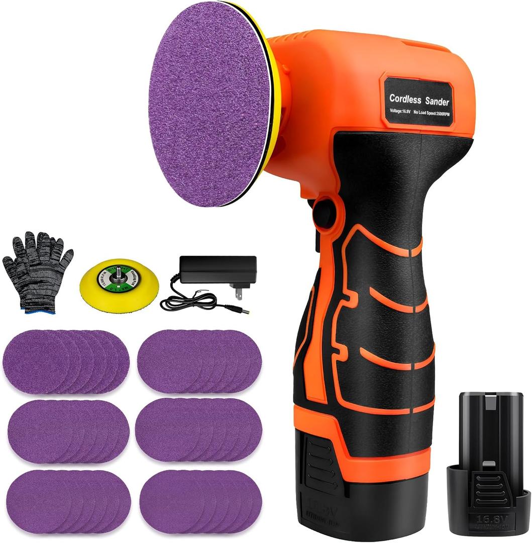 16.8V Cordless Electric Sander with 36PCS Sandpapers, 3500 RPM, 3.0Ah Battery, Lightweight & Compact Design for Wood, Metal, Paint Removal, and DIY Projects (Orange/Black)