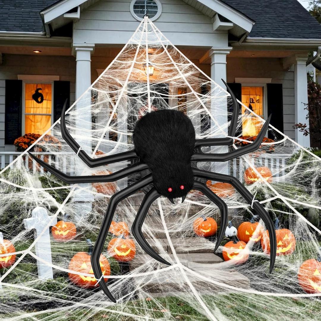 Halloween Decorations Spider Web, 40'' Inflatables Giant Spider + 200'' Triangular Giant Spider Web + 20G Spider Web, Scary Hairy Fake Halloween Spiders Props for Indoor Outdoor Party Halloween Yard.