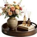 Round Wood Tray with Handles, 15.7 in Decorative Wooden Serving Tray with Walnut Wood Grain, Vintage Coffee Table Platter Plate for Kitchen Counter, Living Room