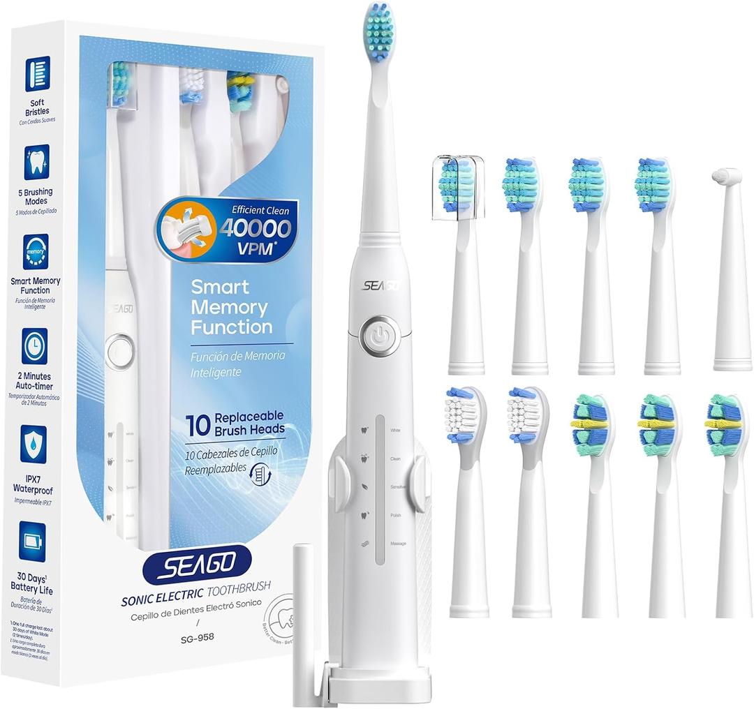 SEAGO Rechargeable Electric Toothbrush for Adults, Last for 30 Days with 5 Modes and 2 Mins Timer, Portable with 10PCS Brush Heads (White)