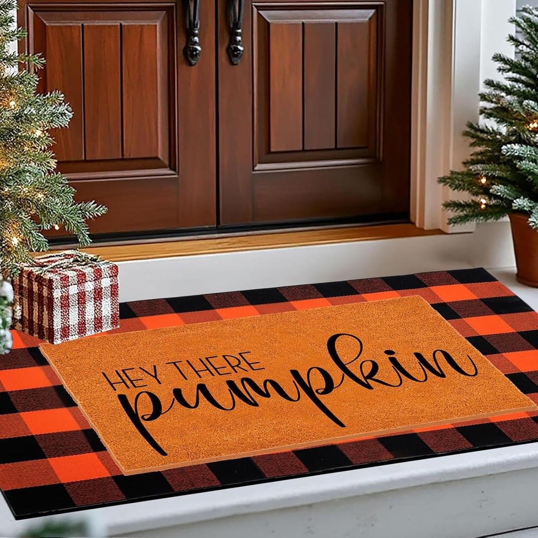 Fall Decor Door Mat Combo Set, Welcome Mat + 28 x 43 Inches Orange Black Checkered Buffalo Plaid Area Rugs for Autumn Thanksgiving Halloween Home Decorations Hey There Pumpkin (Brown)