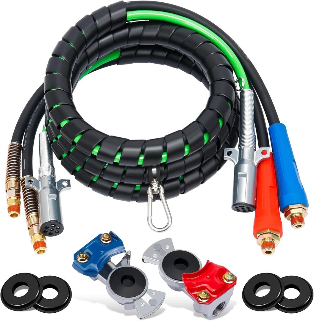 12ft 3 in 1 ABS & Power Air Line Hose with Glad Hands & 4 Glad Hand Seals for Tractor Trailer Semi Truck