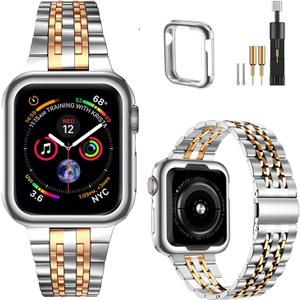 MioHHR Compatible with Apple Watch Band 38mm 40mm 41mm, Solid Stainless Steel Metal Strap Band for iWatch Series 9 8 7 6 5 4 3 2 1 SE, Silver/Rose Gold (41mm/40mm/38mm)