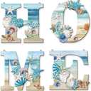 4 Pcs Wood Home Signs - Coastal Beach Style Signs With Blue Starfish and Shell Wall Decor for Home, Living Room, Kitchen, Bedroom