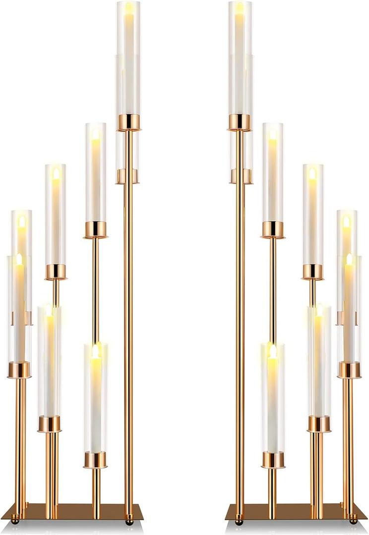 Baquler 2 Pcs 8 Arms Wedding Candelabras, 41.5" Tall Cluster Acrylic Candle Holders Floor Standing Candelabra Centerpieces with Clear Acrylic Shades for Flameless Candle (Gold)