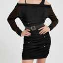 EXARUS Girls Bodycon Dress Ruched Straps Teen Floral Long Sleeve One Shoulder Graduation Dance Mini Mesh Fancy Dresses (Black)