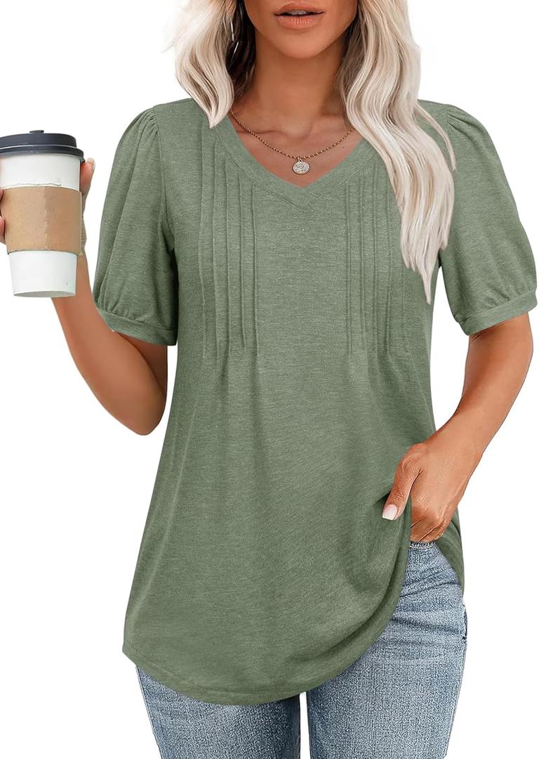 siliteelon Womens Blouses Dressy Casual Puff Short Sleeves Shirts Pleated V Neck Summer Loose Blouses Tunic Tops (Large, Lawn Green)