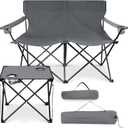 Leonyo Double Camping Chair, Loveseat Camping Chair with Folding Table, 2 Person Outdoor Folding Beach Chairs for Adults, Cup Holders & Carry Bag for Outside Travel, Supports 500lbs, Grey