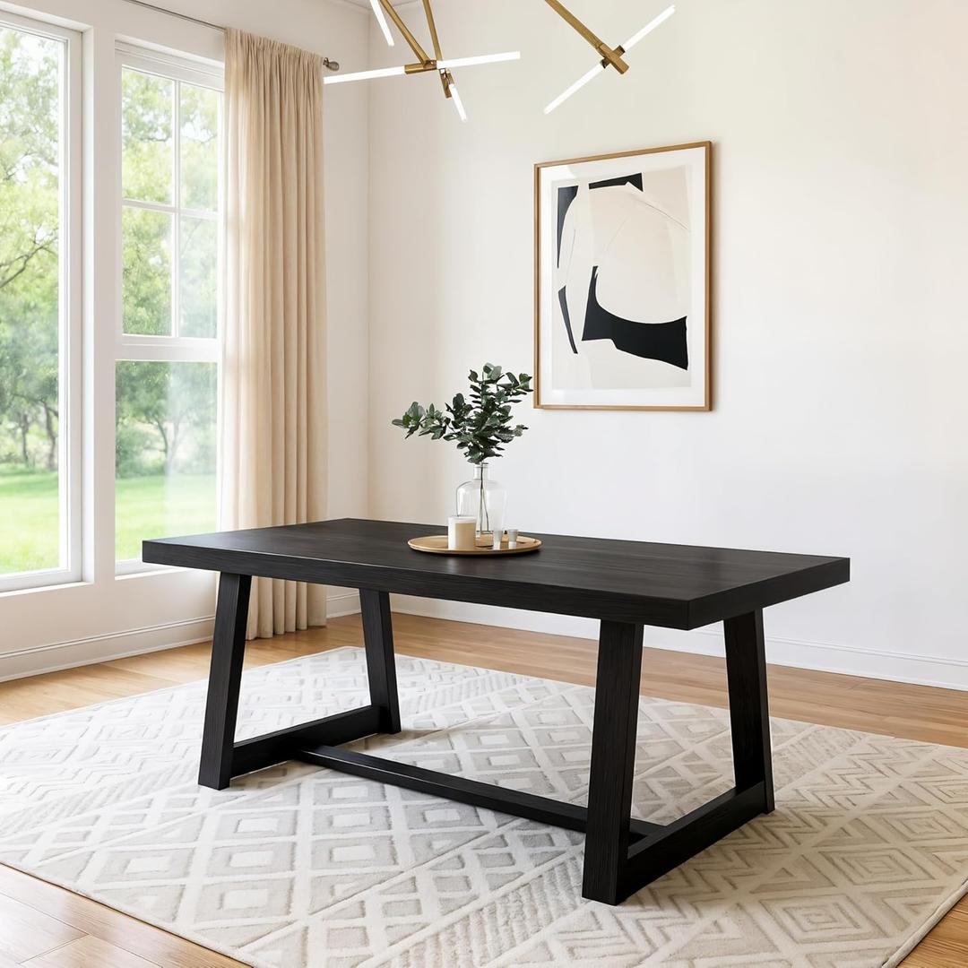 Plank+Beam 72 Inch Farmhouse Dining Table, Solid Wood Rustic Kitchen Table, Large Wooden Rectangular Dinner Table for Dining Room, Home Office, Living Room Furniture, Easy Assembly, Black Wirebrush