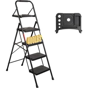 BONTEC 4-Step Ladder, 400lbs Max Load, Folding Step Stool with Tool Tray, Anti-Slip Pedals, Sturdy Steel, Lightweight Portable Ladder with Handrail for Home & Work Use, Black