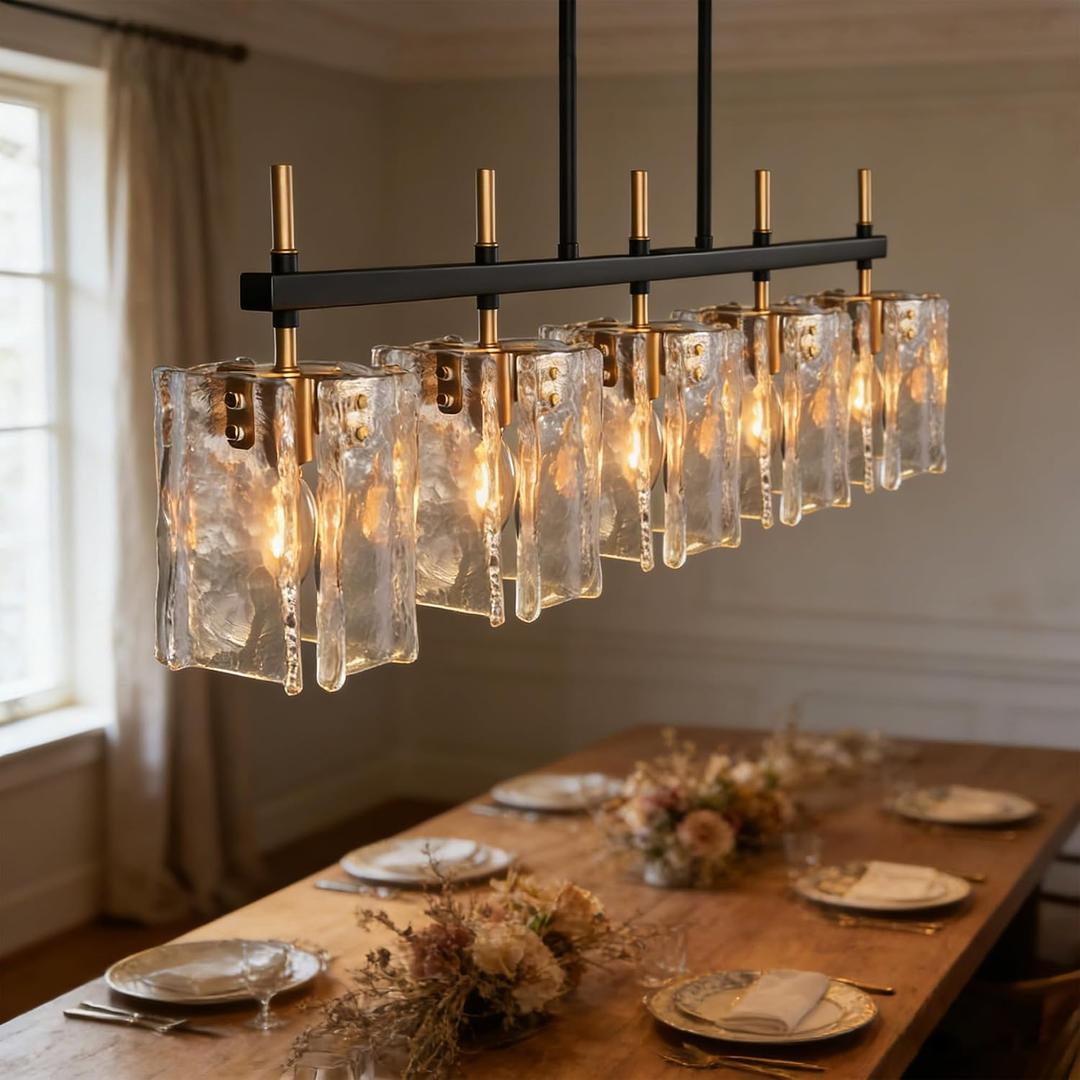 5-Light Rectangular Dining Room Light Fixture 42"L Black and Gold Glass Linear Chandeliers for Dining Room Over Table, Farmhouse Kitchen Island Pendant Light Fixtures with Water Ripple Glass