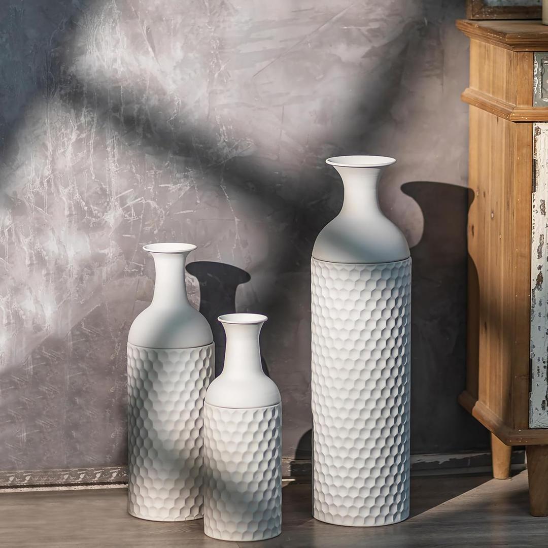 Sziqiqi Large Tall White Floor Vases: 27in Metal Floor Standing Vase Set of 3 Modern Honeycomb Texture Big Standing Vase for Living Room Dining Bedroom Home Corner Hallway Indoor Office
