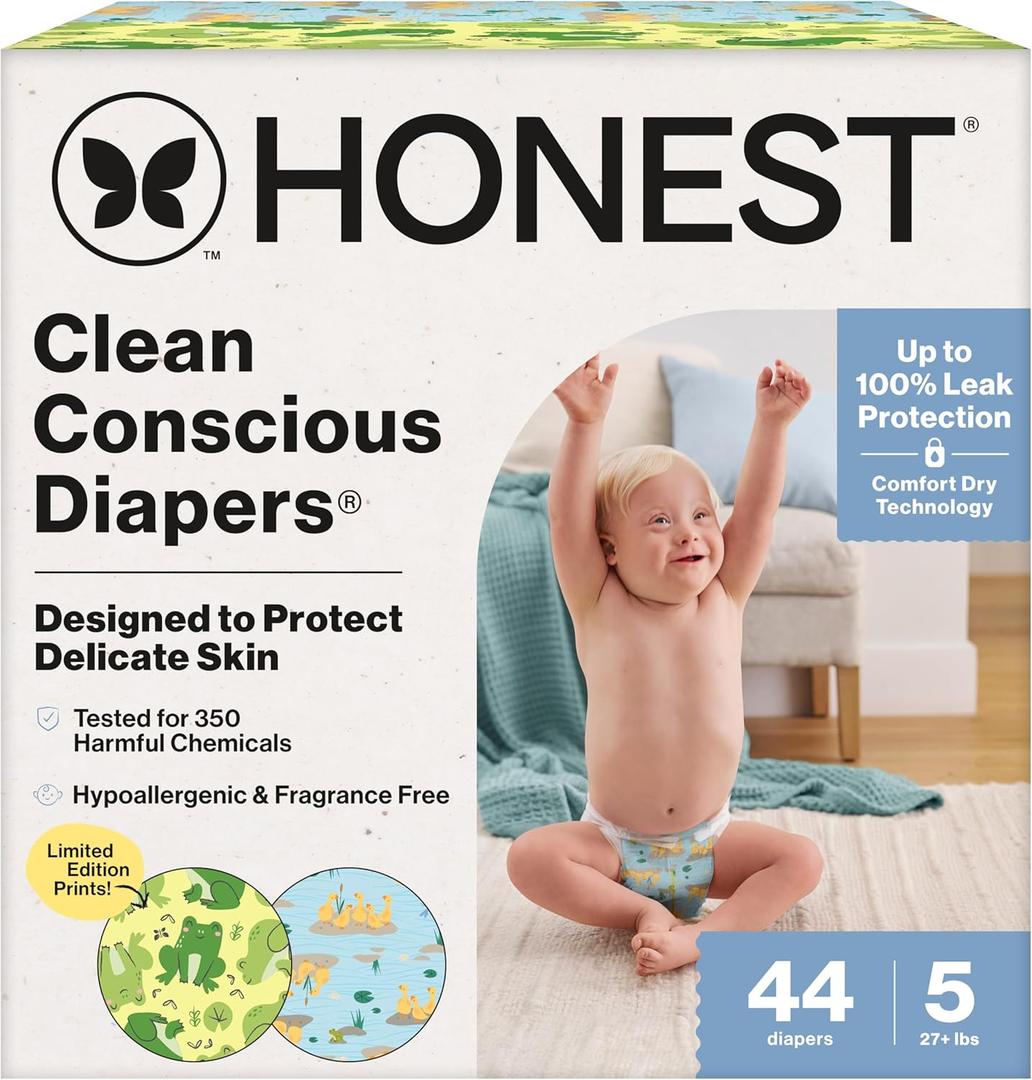 The Honest Company Clean Conscious Diapers, Up to 100% Leak Protection, Designed to Protect Delicate Skin, Hypoallergenic + Fragrance-Free, UR Ribbiting + Waddle It Be, Club Box, Size 5, 44 Count